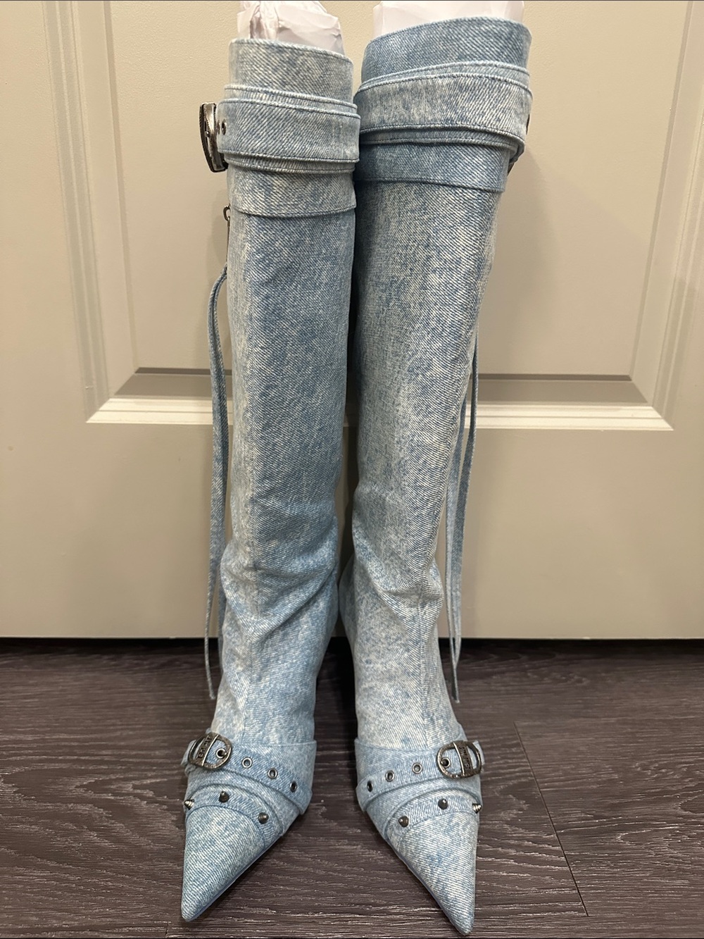 Brand New Pointed-Toe Knee High Boots in Light Blue Denim-Effect